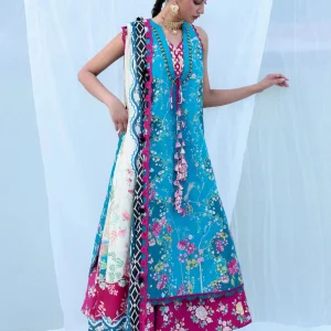 Unstitched lawn ensemble in a striking teal blue tone, adorned with intricate chinoiserie-inspired motifs that evoke an air of timeless elegance. Paired with a deep cherry printed trouser and a beautifully flowing ivory voile dupatta featuring whimsical garden elements, this light and graceful outfit is perfect for summers. Crafted through delicate digital prints, the ensemble blends artistic charm with effortless sophistication.