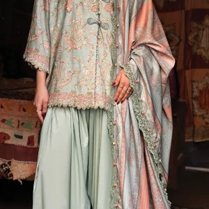 3D CORD EMBROIDERED & PLACEMENT PRINTED IRISH LINEN FRONT & SLEEVES • PRINTED IRISH LINEN BACK • DYED CAMBRIC TROUSER • PRINTED HERRINGBONE SHAWL • MANDARIN BUTTONS